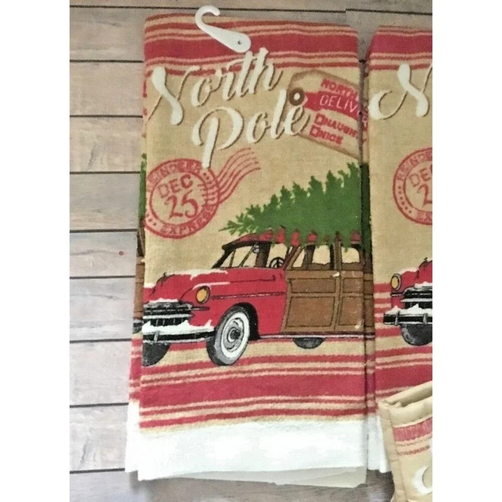 Christmas Kitchen Dish Towels Potholder Oven Mitt Set of 4 Woody Car North Pole